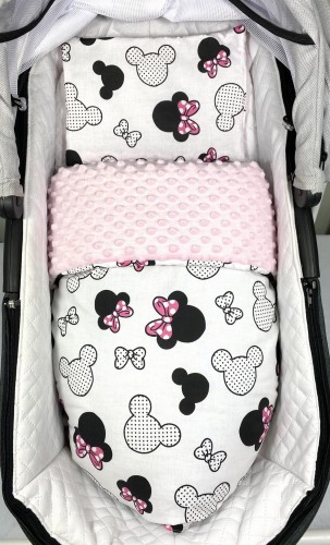 Kołderka z poduszeczką do wózka Duże różowe miki i jasny róż Minky
