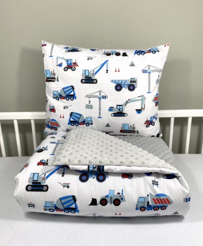 Komplet do przedszkola / żłobka - kocyk z poduszką Niebieskie koparki i szare minky