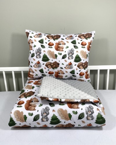 Komplet do przedszkola / żłobka - kocyk / kołderka z poduszką Las i szare minky