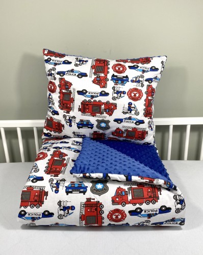 Komplet do przedszkola / żłobka - kocyk z poduszką Straż pożarna policja i granatowe minky
