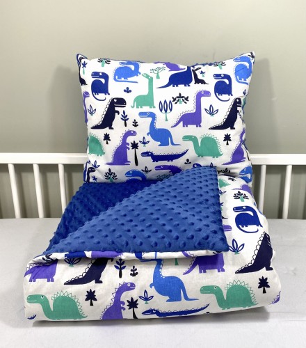 Komplet do przedszkola / żłobka - kocyk / kołderka z poduszką Dinozaury i granatowe minky