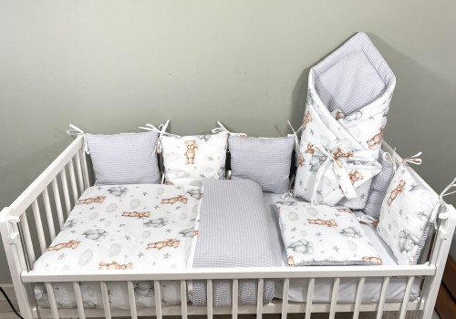 Zestaw do łóżeczka z ochraniaczem modułowym i rożkiem PREMIUM Misie z szarymi balonikami i szary wafel