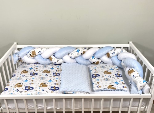 Komplet do łóżeczka z warkoczem 180cm Leśne zwierzęta i błękitne minky