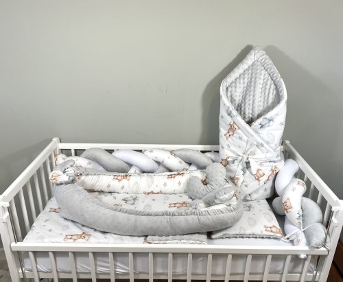 Zestaw do łóżeczka z rożkiem i kokonem PREMIUM Misie z szarymi balonikami i szare minky