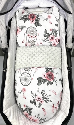 Komplet do wózka z poduszką miś Bordowe łapacze snów i szare minky