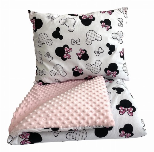 Komplet do przedszkola / żłobka - kocyk / kołderka z poduszką Duże różowe miki i jasny róż minky