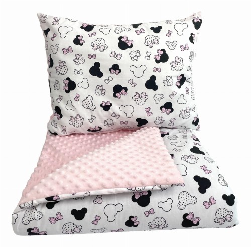 Komplet do przedszkola / żłobka - kocyk / kołderka z poduszką Miki różowe z kropeczkami i jasny róż minky