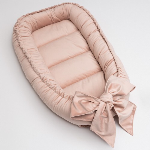 Kokon niemowlęcy z kokardą VELVET PREMIUM Jasny róż
