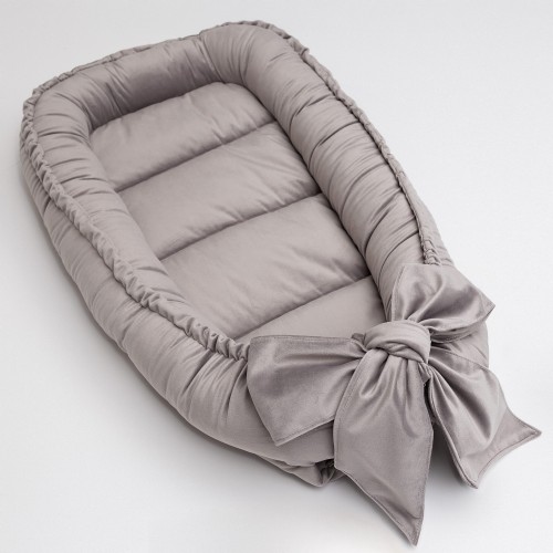 Kokon niemowlęcy z kokardą VELVET PREMIUM szary