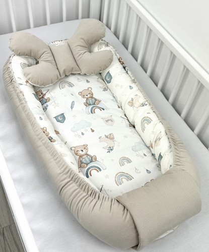 Kokon niemowlęcy bawełna premium Marzenia sennych misiów i beżowy velvet