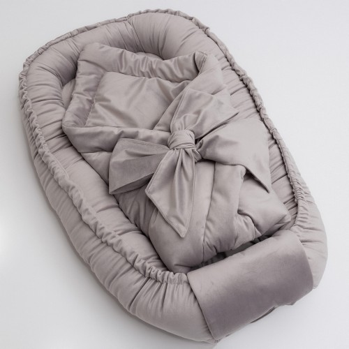 Zestaw wyprawka Kokon niemowlęcy i rożek VELVET PREMIUM szary