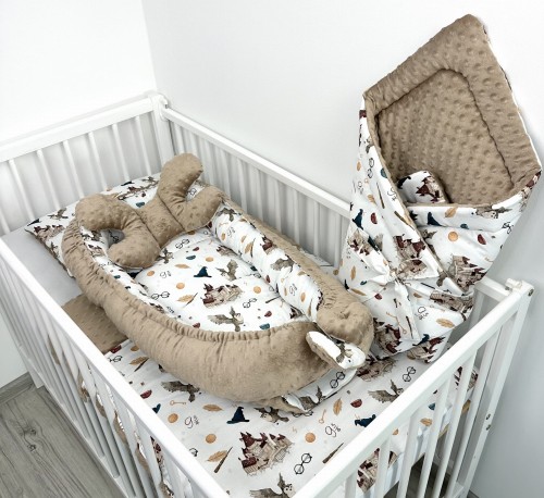 Kołderka z poduszką, kokon i rożek Szkoła magii i beżowe minky