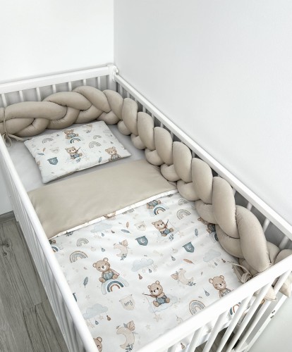 Komplet do łóżeczka z warkoczem 180 cm PREMIUM Marzenia sennych misiów i beżowy velvet