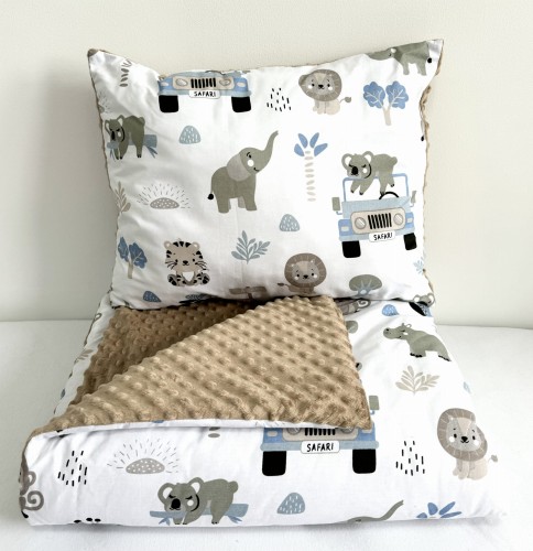 Komplet do przedszkola / żłobka - kocyk / kołderka z poduszką Safari i beżowe minky