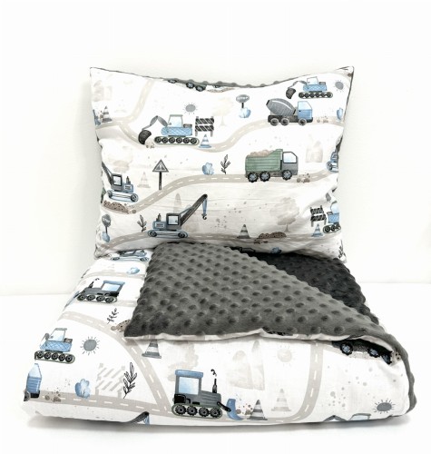 Komplet do przedszkola / żłobka - kocyk / kołderka z poduszką Plac budowy niebieski i grafitowe minky