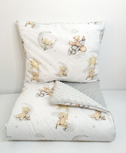 Komplet do przedszkola / żłobka - kocyk / kołderka z poduszką Zabawa z misiami i zajączkami i szare minky
