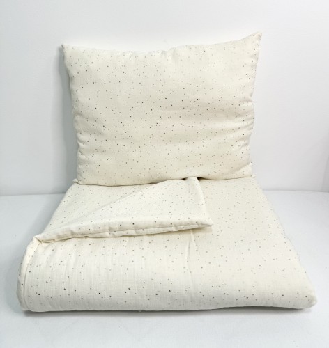 Komplet pościeli muślinowej do przedszkola / żłobka - kocyk / kołderka z poduszką Ecru w złote kropki