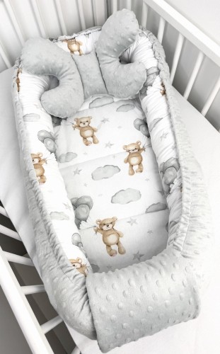 Kokon niemowlęcy z opaską Misie i balony i szare minky