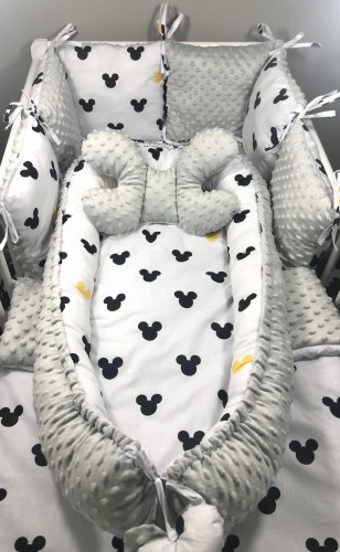 ZESTAW DO ŁÓŻECZKA Z OCHRANIACZEM MODUŁOWYM,KOKONEM I MOTYLKIEM ŻÓŁTE MIKI I SZARE MINKY