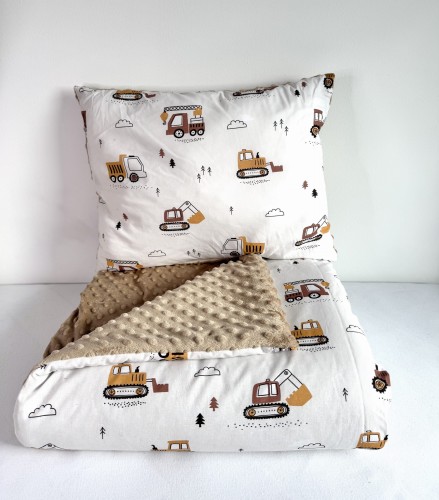 Komplet do przedszkola / żłobka - kocyk / kołderka z poduszką Brązowe koparki i traktory i beżowe minky