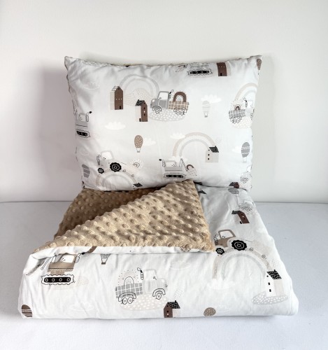 Komplet do przedszkola / żłobka - kocyk / kołderka z poduszką Szare traktory i beżowe minky