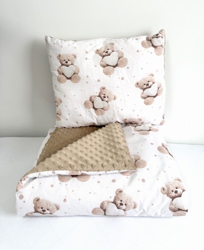 Komplet do przedszkola / żłobka - kocyk / kołderka z poduszką Misie z serduszkiem i beżowe minky
