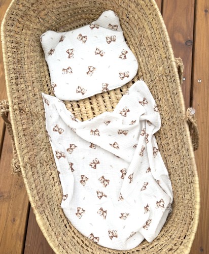 Otulacz kocyk muślinowy z poduszką miś Zamyślone misie