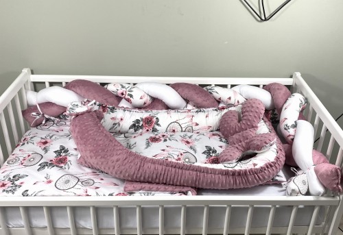 Zestaw do łóżeczka z warkoczem 180cm i kokonem Bordowe łapacze snów i brudny róż minky