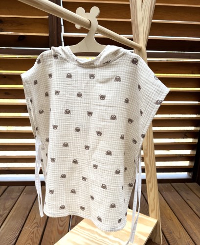 Ponczo kąpielowe z kapturkiem muślinowe Misie na kratce