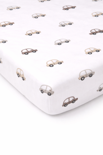 Prześcieradło z gumką bawełniane 120x60 Autka beżowo - brązowe