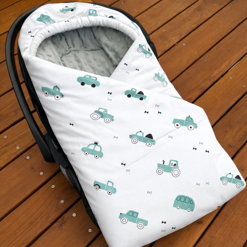  Otulacz do fotelika samochodowego Autka miętowe i szare minky