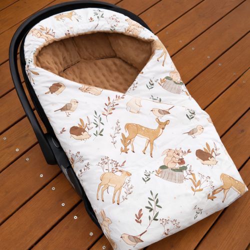 Otulacz do fotelika samochodowego dla niemowląt 0-13 kg Leśne przyjęcie i beżowe minky