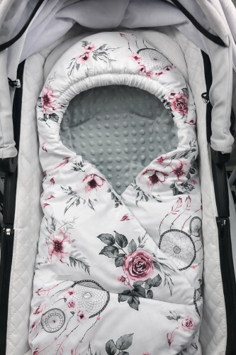Otulacz do fotelika samochodowego dla niemowląt 0-13 kg Bordowe łapacze snów i szare minky