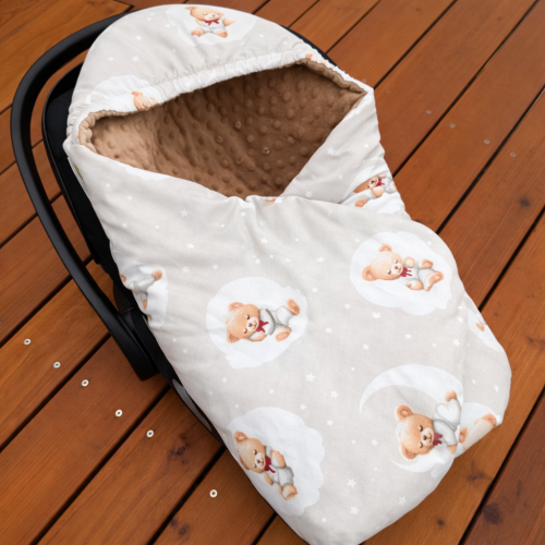 Otulacz do fotelika samochodowego dla niemowląt 0-13 kg Misie w chmurkach na beżowym tle i beżowe minky
