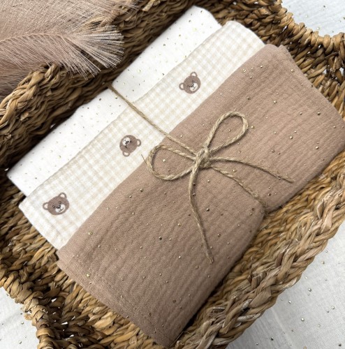 Pieluszki muślinowe Misie na kratce 3-pak