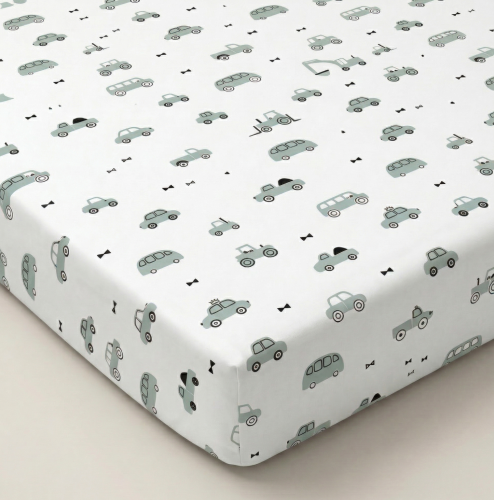 Prześcieradło z gumką bawełniane 120x60 Autka miętowe