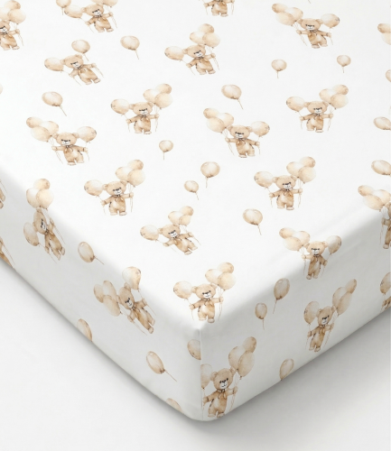 Prześcieradło z gumką bawełniane 120x60 Beżowe misie z balonikami