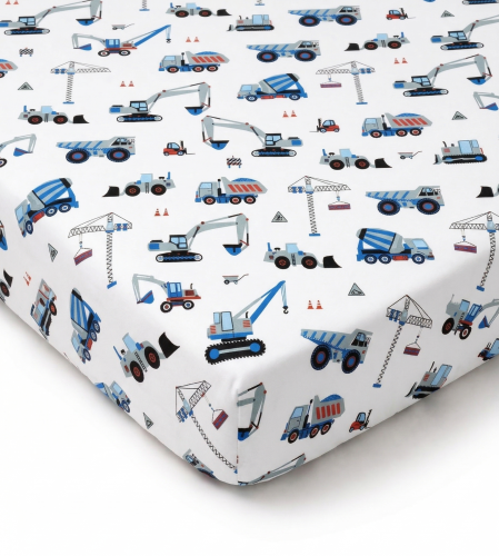 Prześcieradło z gumką bawełniane 120x60 Niebieskie koparki