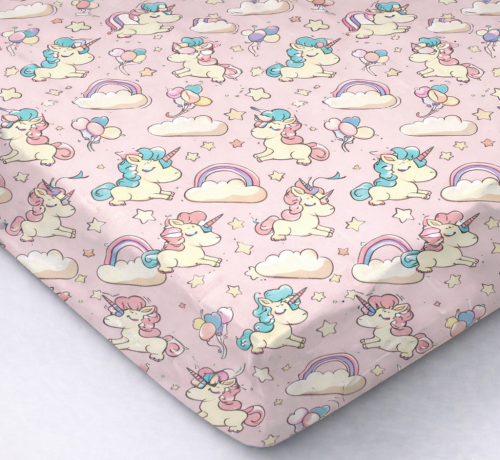 Prześcieradło z gumką bawełniane 120x60 Jednorożce różowe