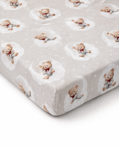 Prześcieradło z gumką bawełniane 140x70 Misie w chmurkach na beżowym tle