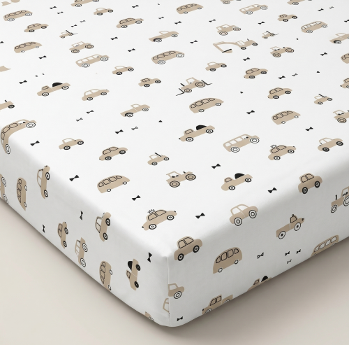 Prześcieradło z gumką bawełniane 140x70 Autka beżowe 