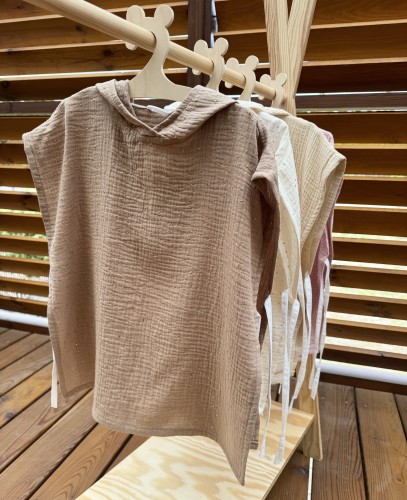 Ponczo kąpielowe z kapturkiem muślinowe Beżowe w złote kropki