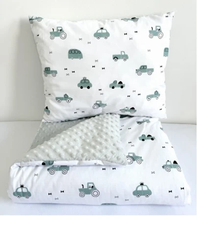 Komplet do przedszkola / żłobka - kocyk / kołderka z poduszką Autka miętowe i szare minky