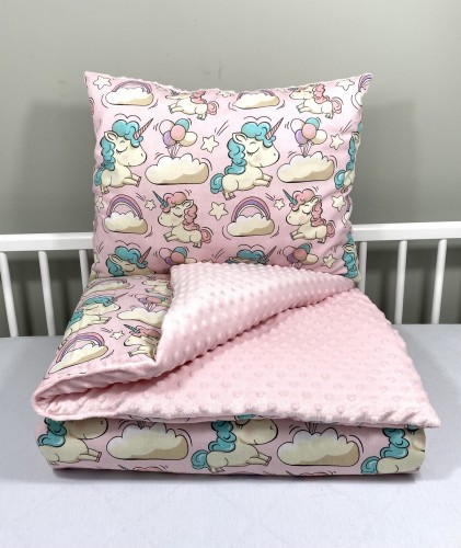 Komplet do przedszkola / żłobka - kocyk / kołderka z poduszką Jednorożce różowe i jasny róż minky