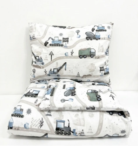 Komplet do przedszkola / żłobka - kocyk / kołderka z poduszką Plac budowy niebieski