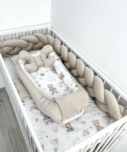 Zestaw do łóżeczka z warkoczem 180cm i kokonem PREMIUM Marzenia sennych misiów i beżowy velvet SALE