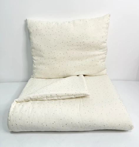 Komplet pościeli muślinowej do przedszkola / żłobka - kocyk / kołderka z poduszką Ecru w złote kropki 100x135 SALE