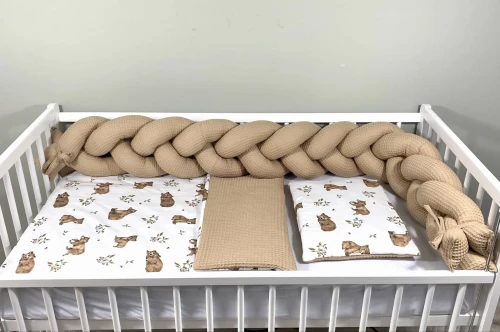 Komplet do łóżeczka z warkoczem 180 cm PREMIUM Misie niedźwiadki i beżowy wafel