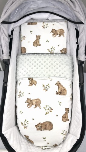 Kołderka z poduszeczką do wózka Premium Misie niedźwiadki i szare minky