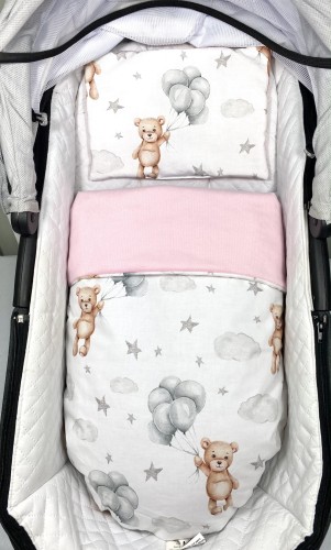 Kocyk z poduszeczką do wózka Premium Misie z szarymi balonikami i jasny róż Velvet